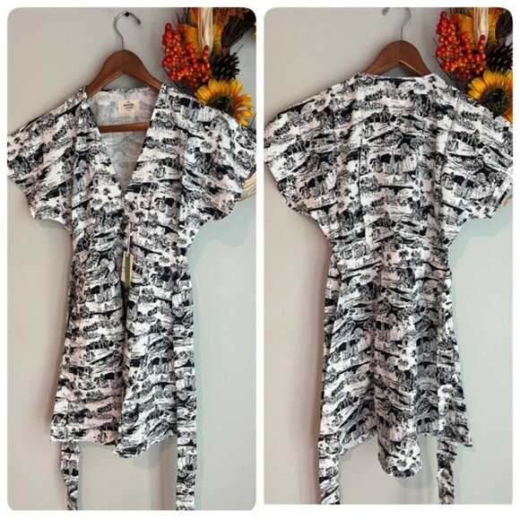 Marine Layer Camila Mini A-line Dress Extra Small Black White Foliage Pockets - Picture 1 of 11